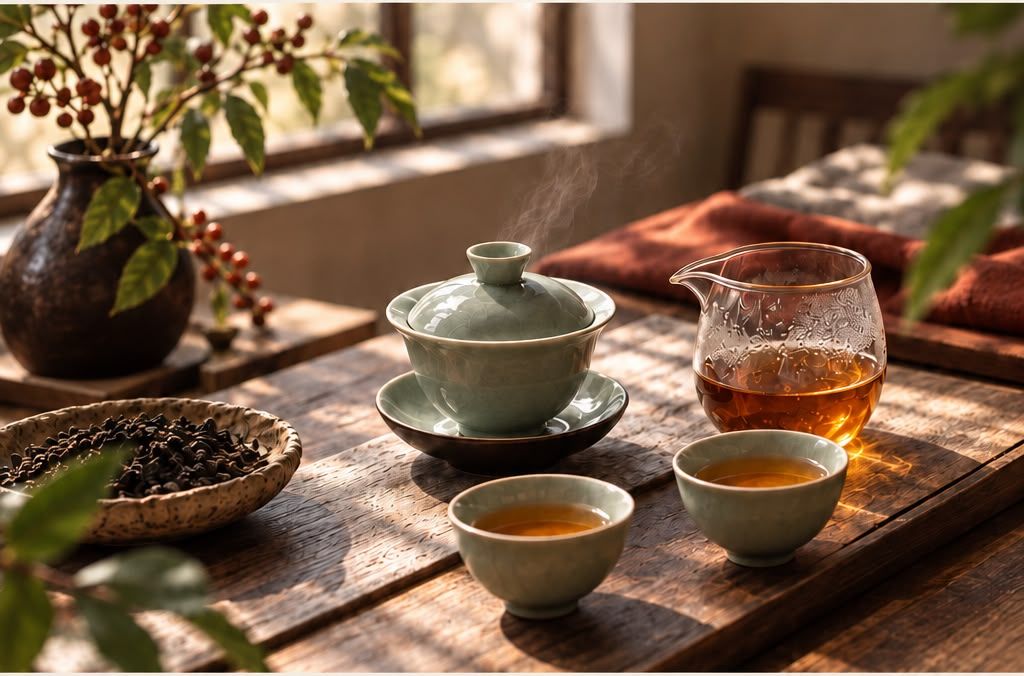 Celadon gaiwan, glass pitcher and two cups on a wooden tea table in window light